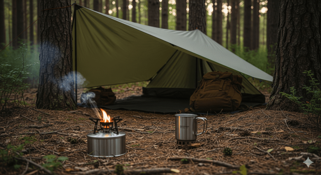 Bivouac bushcraft discret en forêt avec un tarp et un réchaud à bois.