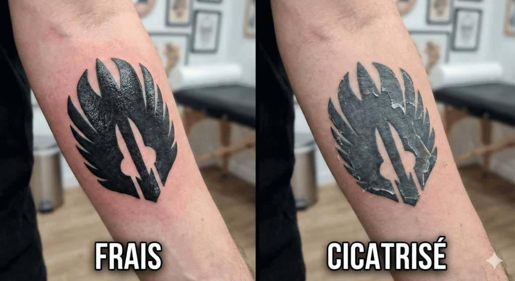 Comparaison d'un tatouage frais (noir intense) et d'un tatouage cicatrisé (noir mat) avec une peau qui pèle.