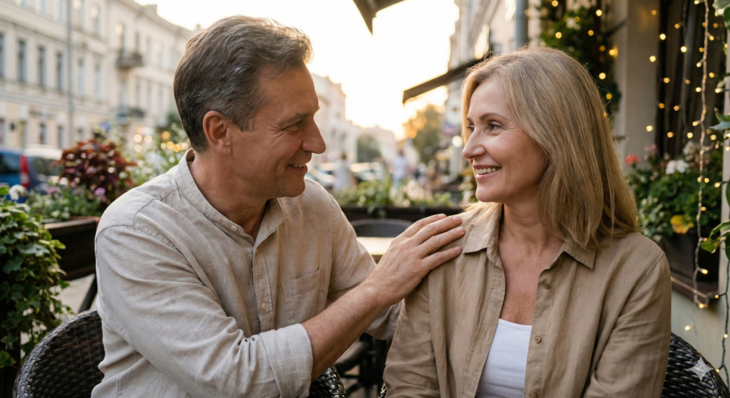 Homme posant délicatement sa main sur l'épaule d'une femme lors d'une conversation.