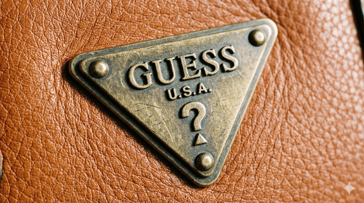 Zoom sur le logo métallique triangulaire d'un sac Guess authentique.