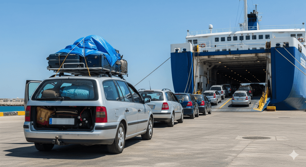 Voiture chargée attendant l'embarquement sur le ferry au port d'Algésiras vers Tanger.
