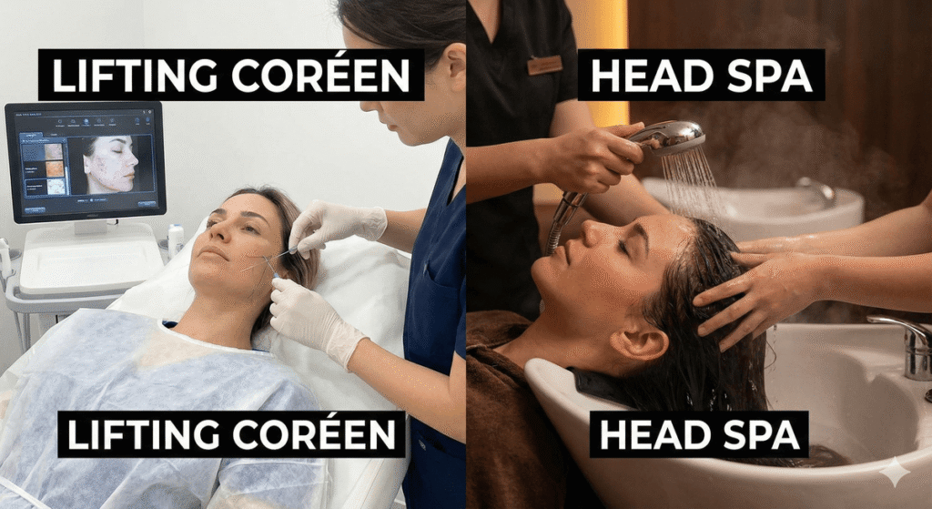 Comparaison : une femme recevant un soin visage (lifting coréen) et une autre un massage du cuir chevelu sous l'eau (head spa).