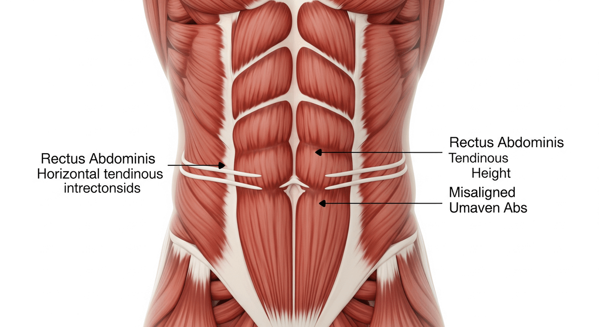 Schéma anatomique des muscles abdominaux montrant des inscriptions tendineuses asymétriques.