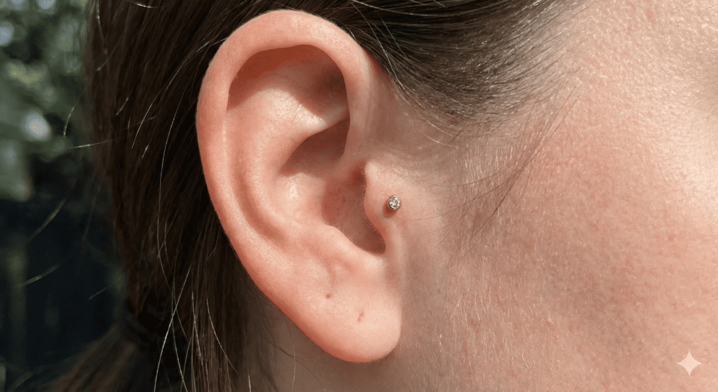Oreille avec un piercing au tragus (petit cartilage devant le conduit auditif).