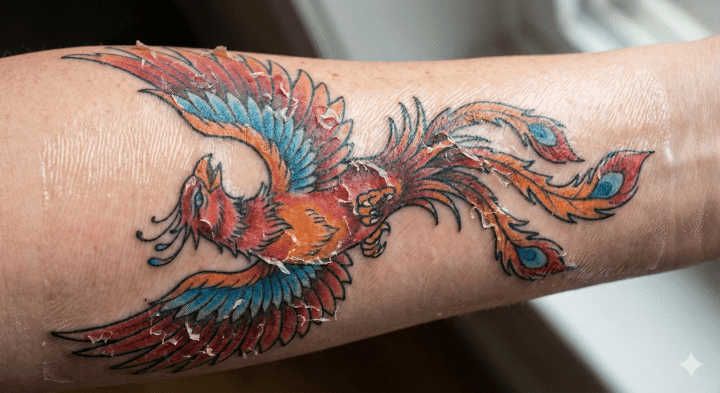Tatouage en cours de cicatrisation avec des peaux mortes colorées qui se détachent.