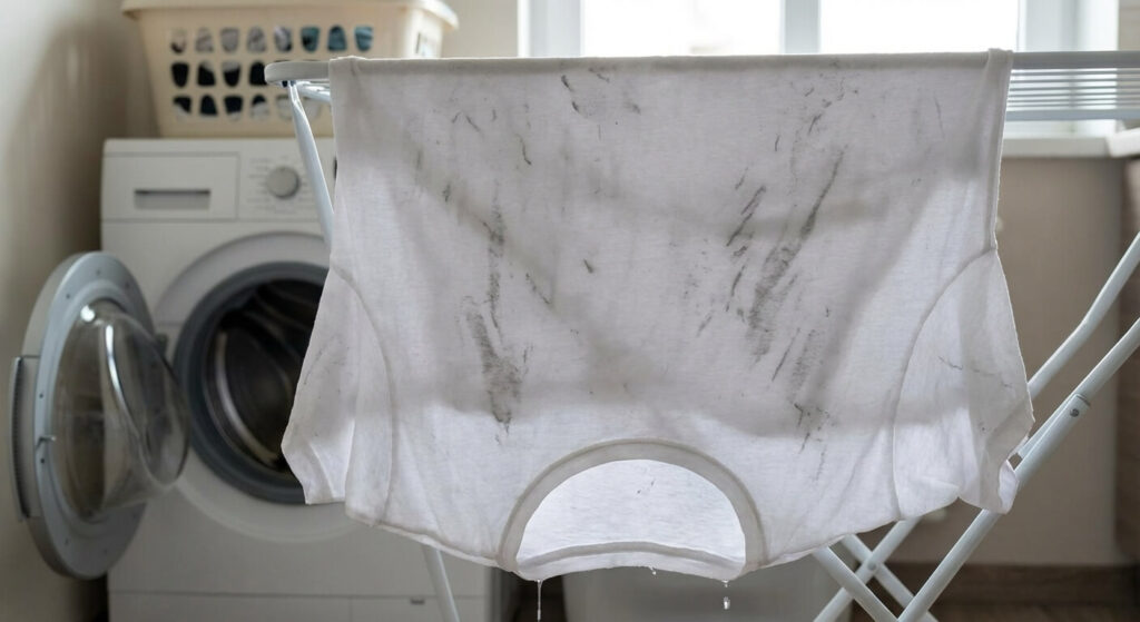 Vêtement blanc ressorti de la machine à laver avec des traînées grises (poux de machine)