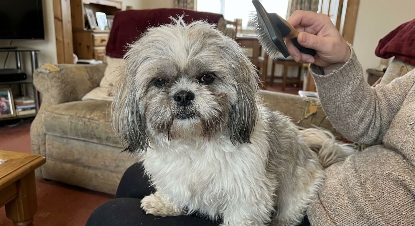 Chien Shih Tzu avec des poils emmêlés regardant son maître avec entêtement