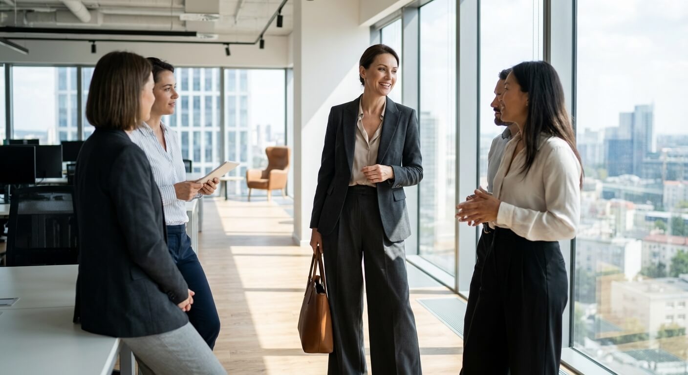 Femme élégante en tenue professionnelle adoptant la tendance No Bra au bureau