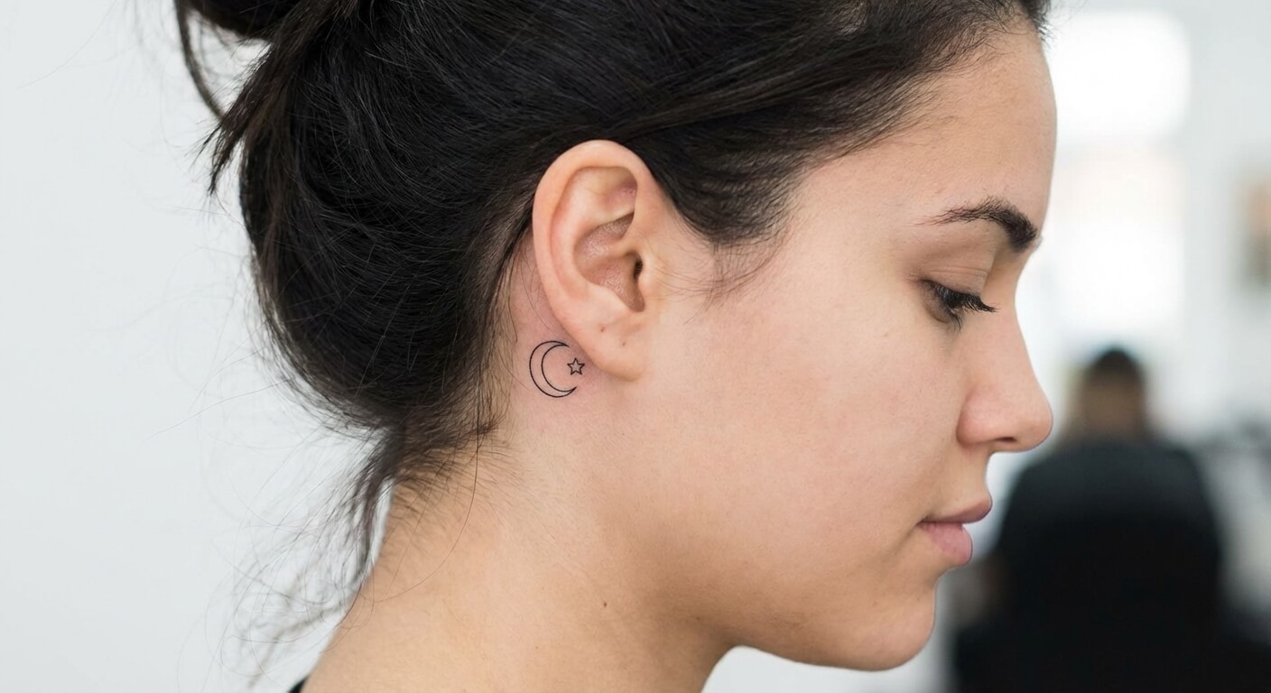 Tatouage discret d'un croissant de lune situé derrière l'oreille d'une jeune femme