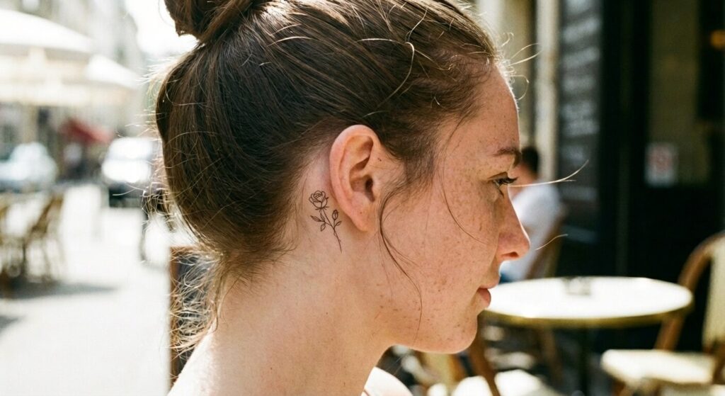 Tatouage discret d'une rose situé derrière l'oreille d'une jeune femme