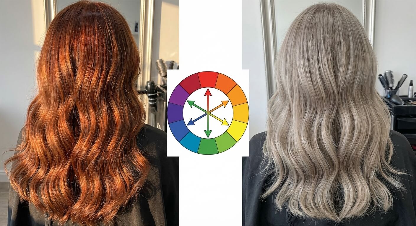 Comparaison chevelure avec reflets roux vs chevelure neutralisée cendrée à côté d'une étoile chromatique