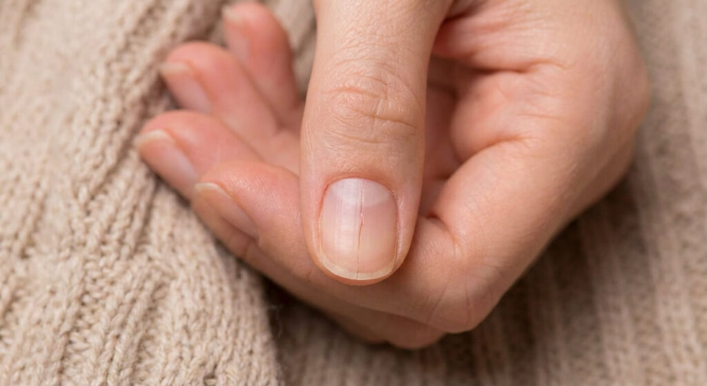 Ongle fendu verticalement : Causes, carences et solutions 2 Ongle de pouce de femme présentant une petite fissure verticale