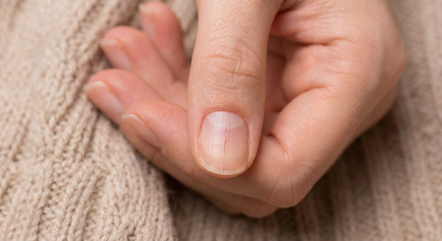 Ongle de pouce de femme présentant une petite fissure verticale