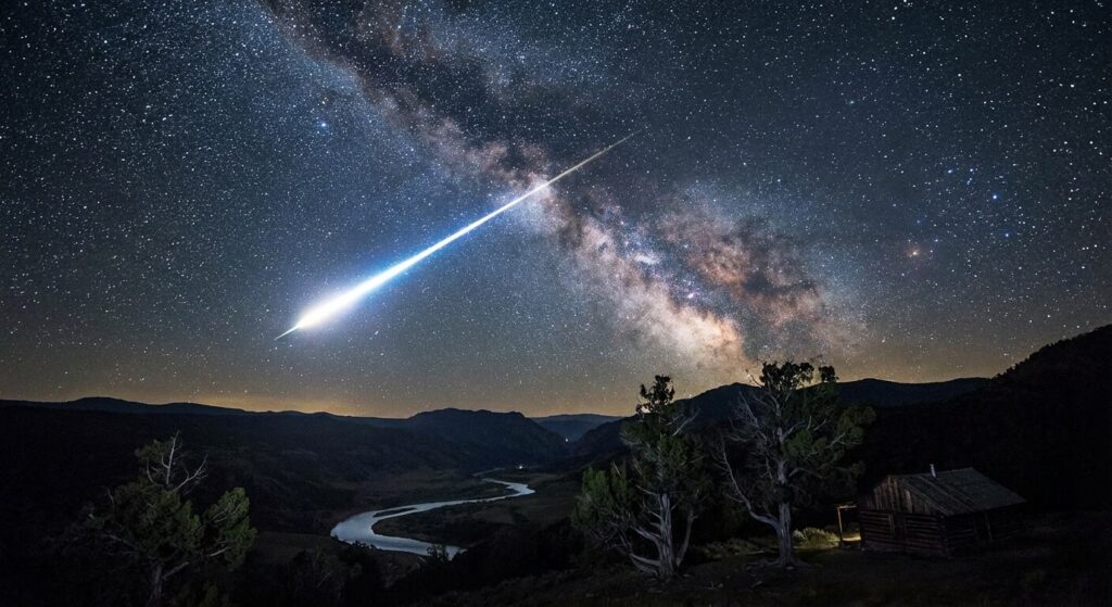 Ciel nocturne étoilé traversé par une étoile filante lumineuse au-dessus d'un paysage sombre