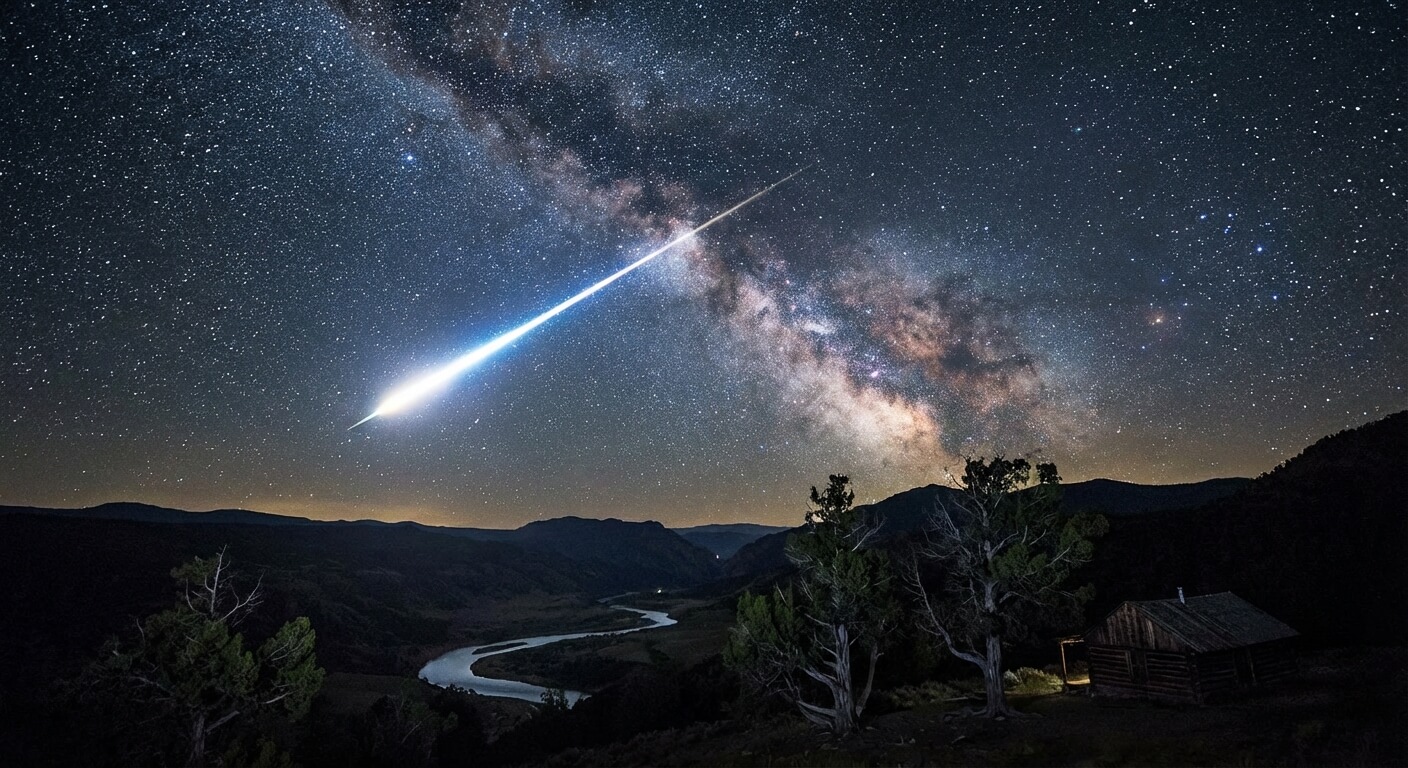 Ciel nocturne étoilé traversé par une étoile filante lumineuse au-dessus d'un paysage sombre