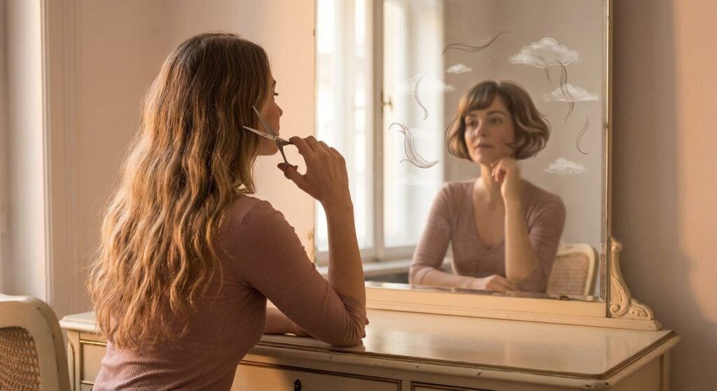 Femme se regardant dans un miroir avec une paire de ciseaux, illustrant le rêve de coupe de cheveux