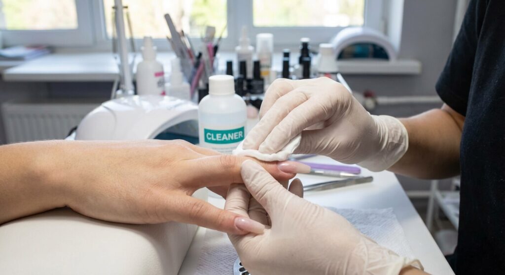 Faut-il dégraisser entre chaque couche de vernis semi-permanent ? La réponse définitive 2 Manucure passant un coton imbibé de cleaner sur un ongle en gel