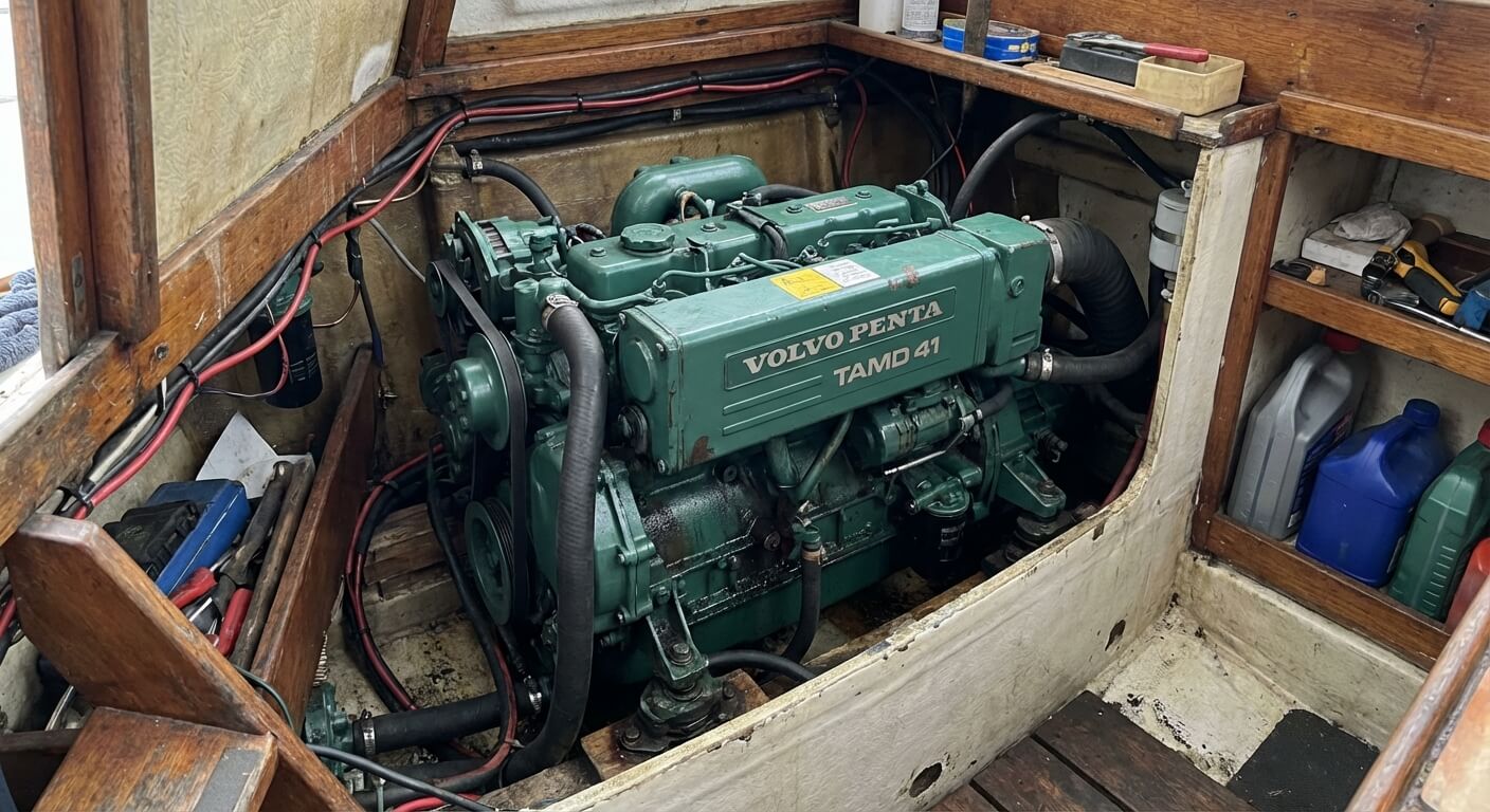 Moteur marin diesel Volvo Penta TAMD 41 vert installé dans la cale d'un bateau