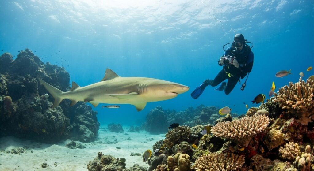 Attaque de requin au Cap Vert : Risque réel ou fantasme ? 2 Plongeur observant un requin citron inoffensif dans les eaux du Cap Vert