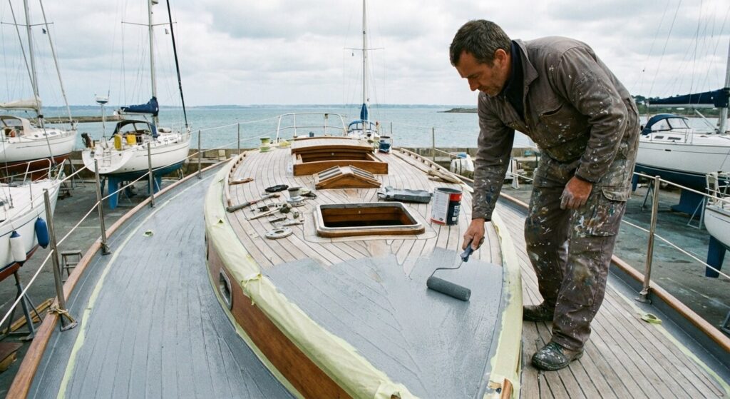Peindre un pont de bateau : Le guide de la rénovation durable 2 Application de peinture antidérapante au rouleau laqueur sur le pont d'un voilier en rénovation