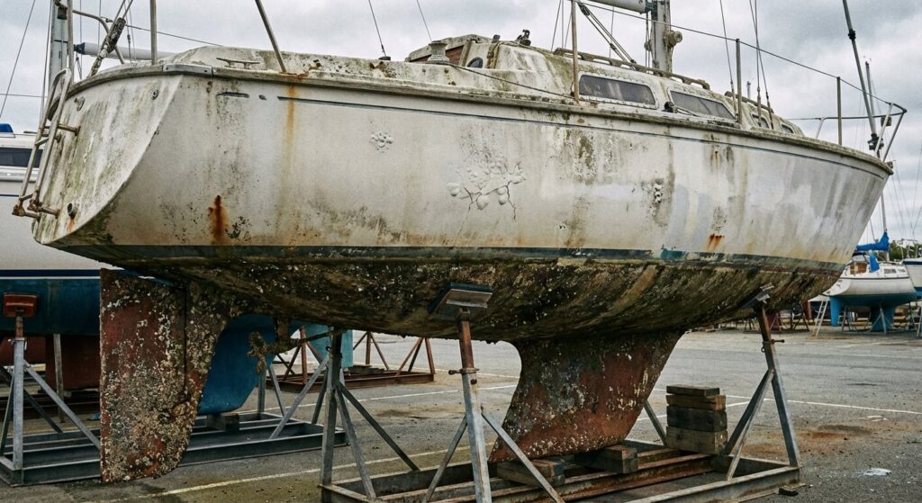 Durée de vie d'une coque de bateau en polyester : Mythes et réalités 2 Coque de voilier en polyester sortie de l'eau montrant des signes de vieillissement mais structurellement saine