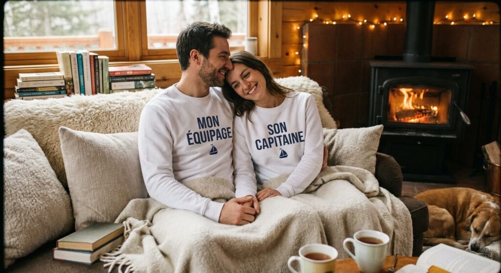 Couple complice et souriant portant des sweats assortis personnalisés dans un cadre cocooning.