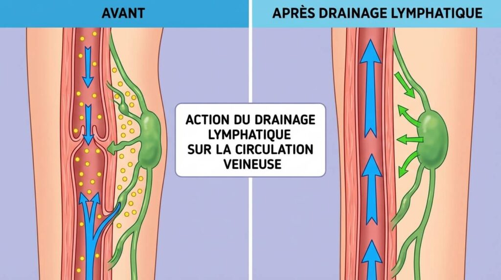Pourquoi faire des séances de pressothérapie ? 3 Comparatif visuel ou schéma montrant l'action du drainage lymphatique sur la circulation veineuse.