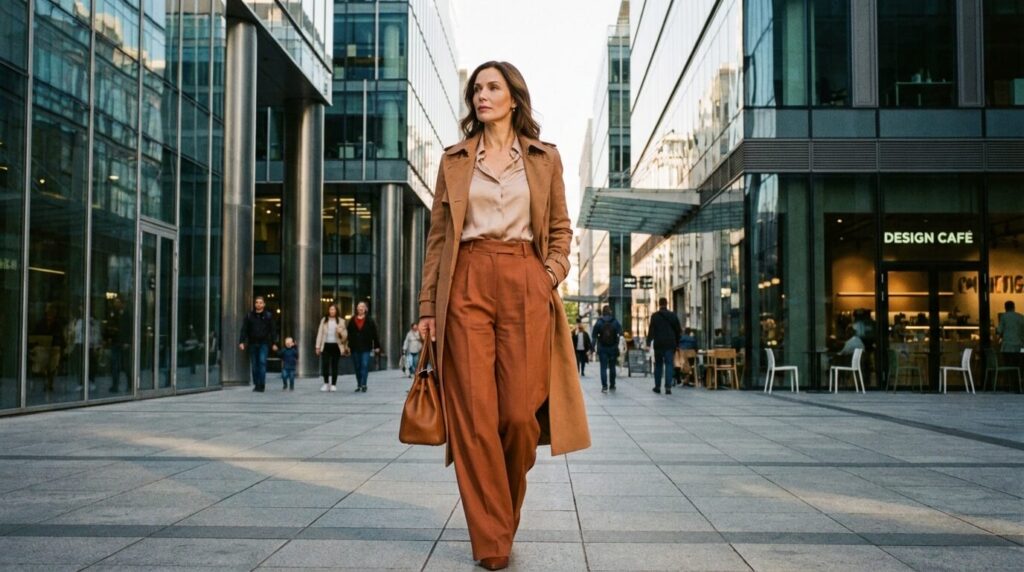 Femme élégante portant un pantalon large taille haute de couleur terre de sienne dans une rue moderne.