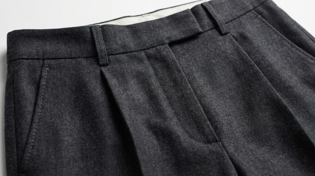 Zoom sur les finitions et les pinces d'un pantalon de tailoring gris anthracite pour femme.