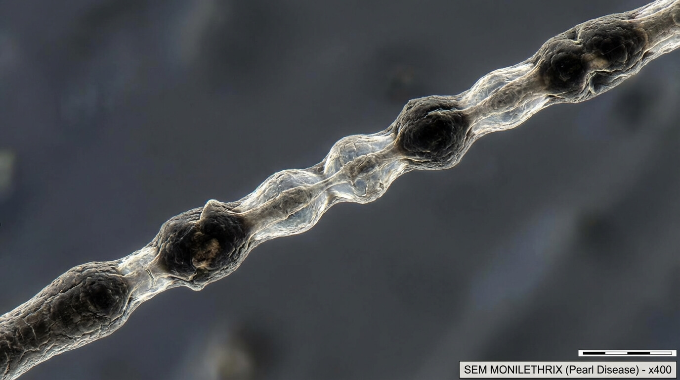 Vue microscopique d'une tige pilaire atteinte de la maladie de la perle, montrant l'alternance régulière de renflements et d'étranglements qui fragilisent la fibre