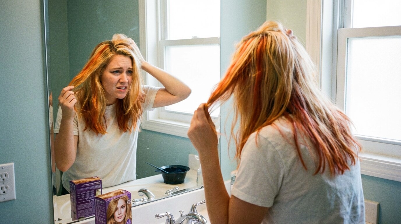 Femme se regardant dans un miroir et découvrant avec déception des mèches aux reflets orange vif et roux après une tentative d'éclaircissement