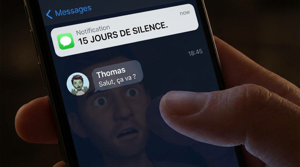 Il me recontacte après 2 semaines silence : Signification et Stratégie à adopter 1 Écran de smartphone affichant un message inattendu "Salut, ça va ?" d'un homme après 15 jours de silence radio complet, illustrant le phénomène du zombieing