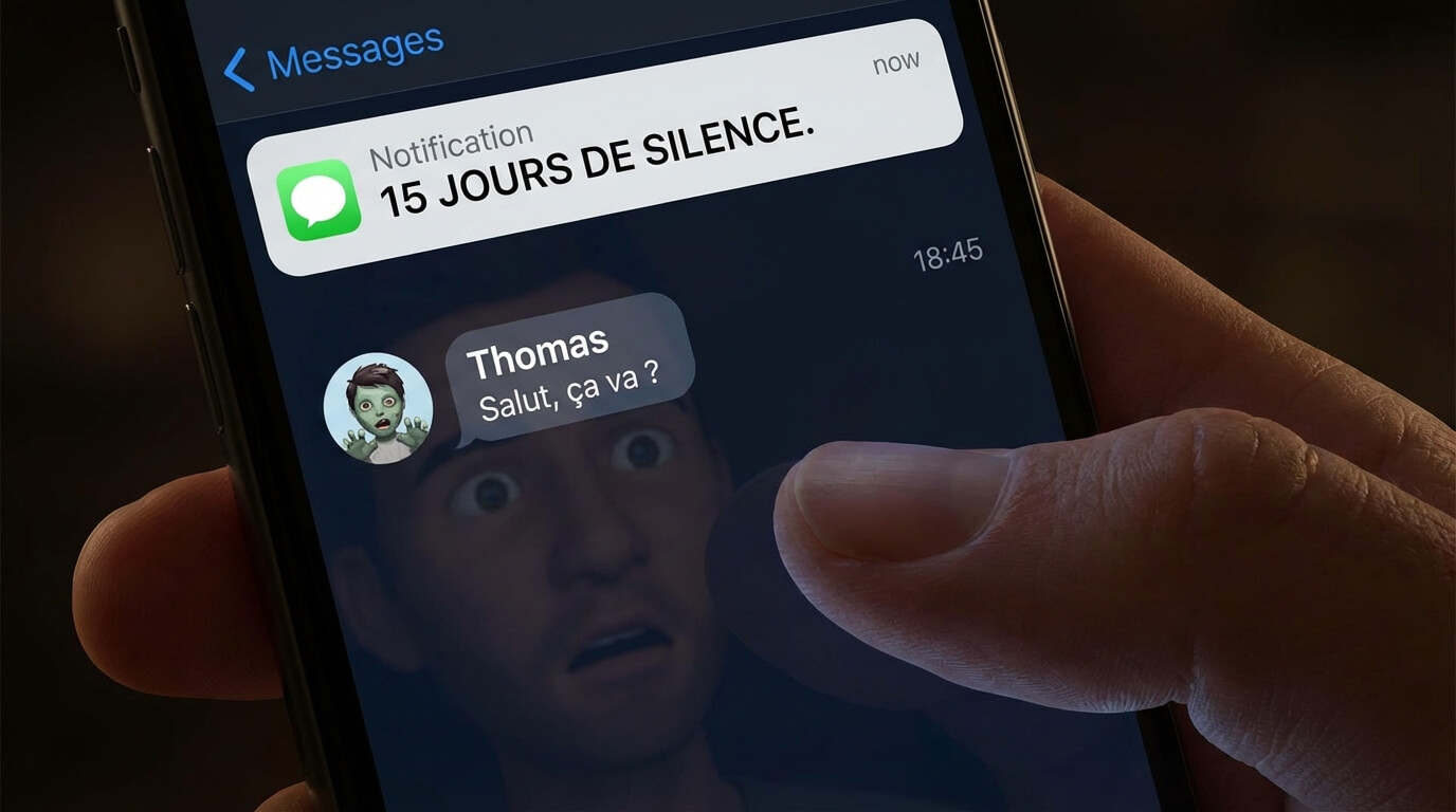Écran de smartphone affichant un message inattendu "Salut, ça va ?" d'un homme après 15 jours de silence radio complet, illustrant le phénomène du zombieing