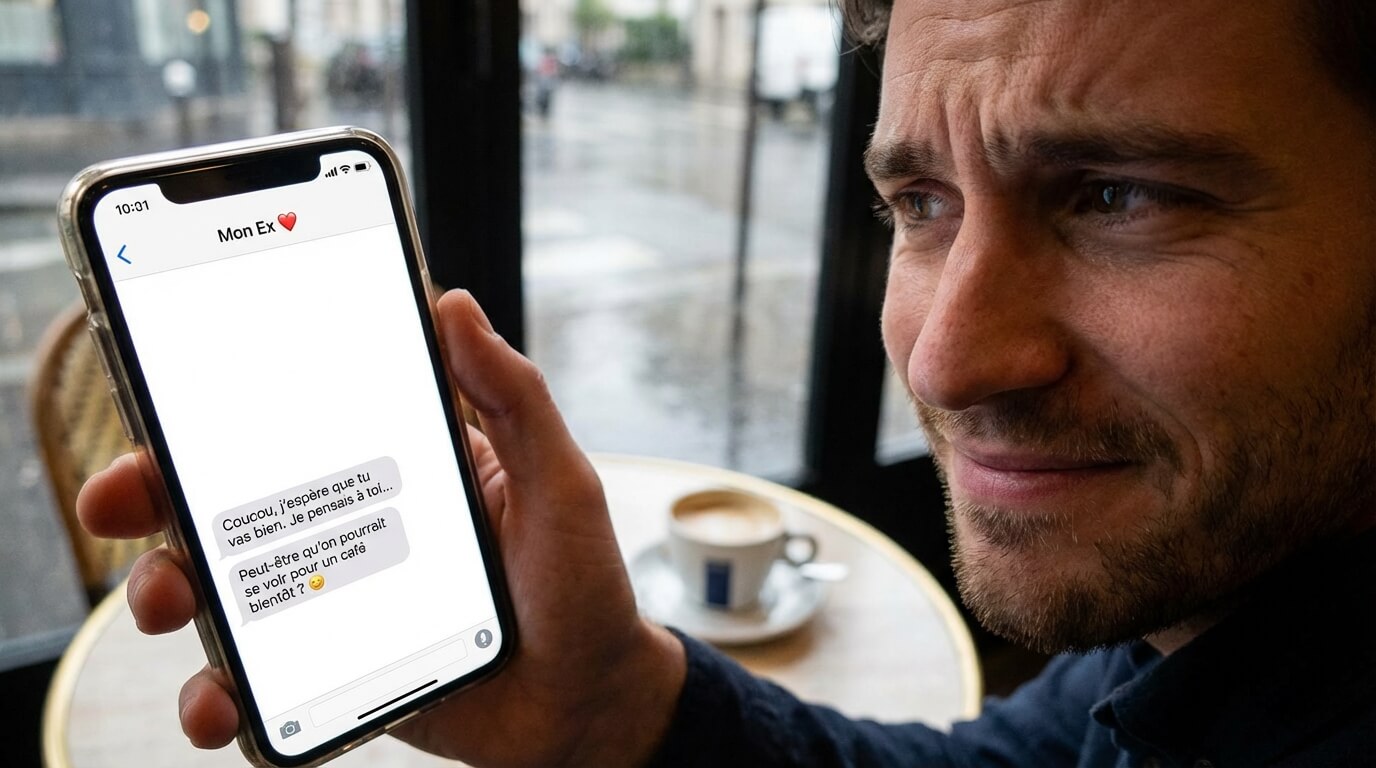Smartphone affichant des messages amicaux d'une ex-copine juste après la rupture, créant de la confusion chez l'homme qui espère encore
