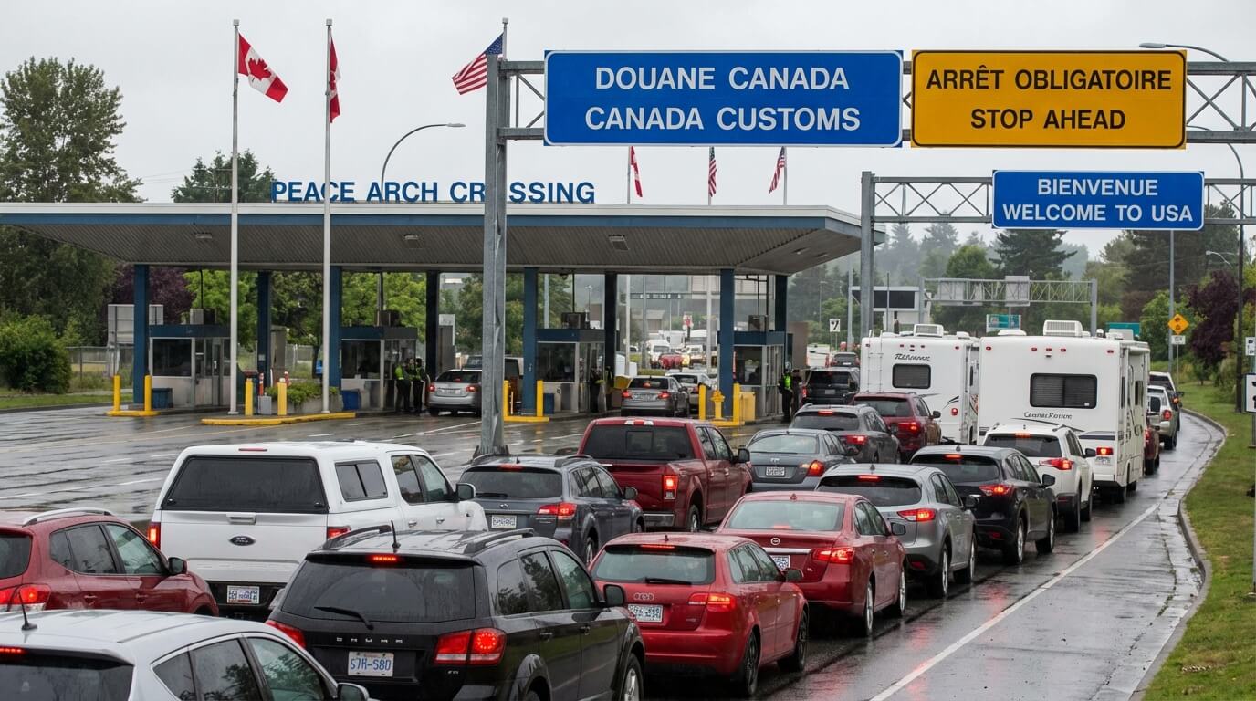 File de voitures attendant au poste frontière terrestre entre le Canada et les États-Unis (douane), avec les panneaux de signalisation bilingues