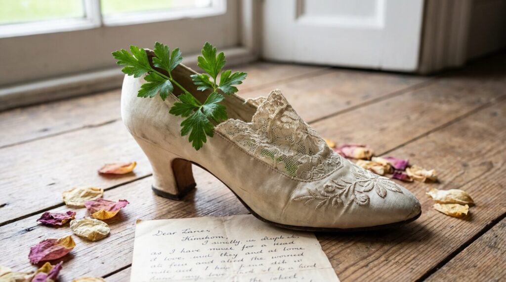 Brin de persil frais placé délicatement dans une chaussure de mariée, illustrant une vieille tradition populaire pour attirer la chance et la protection