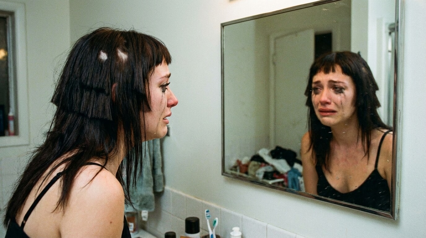 Femme en larmes devant son miroir découvrant un dégradé avec un "effet escalier" marqué et des trous dans la masse, cauchemar capillaire fréquent