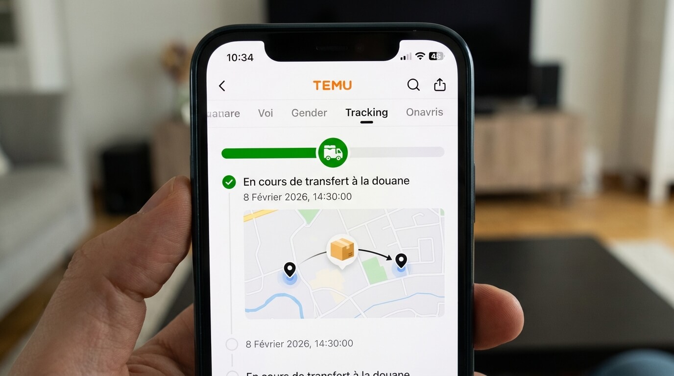 Capture d'écran de l'application Temu montrant le statut de suivi "En cours de transfert à la douane", étape cruciale de la livraison internationale