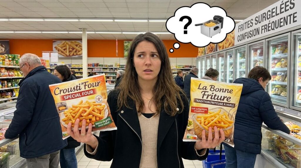 Frites pour friteuse au four : Peut-on cuire des frites classiques sans bain d'huile ? 2 Comparaison entre un paquet de frites surgelées portant la mention "Spécial Four" et un paquet "Tradition" pour friteuse à huile, soulignant la confusion fréquente des consommateurs