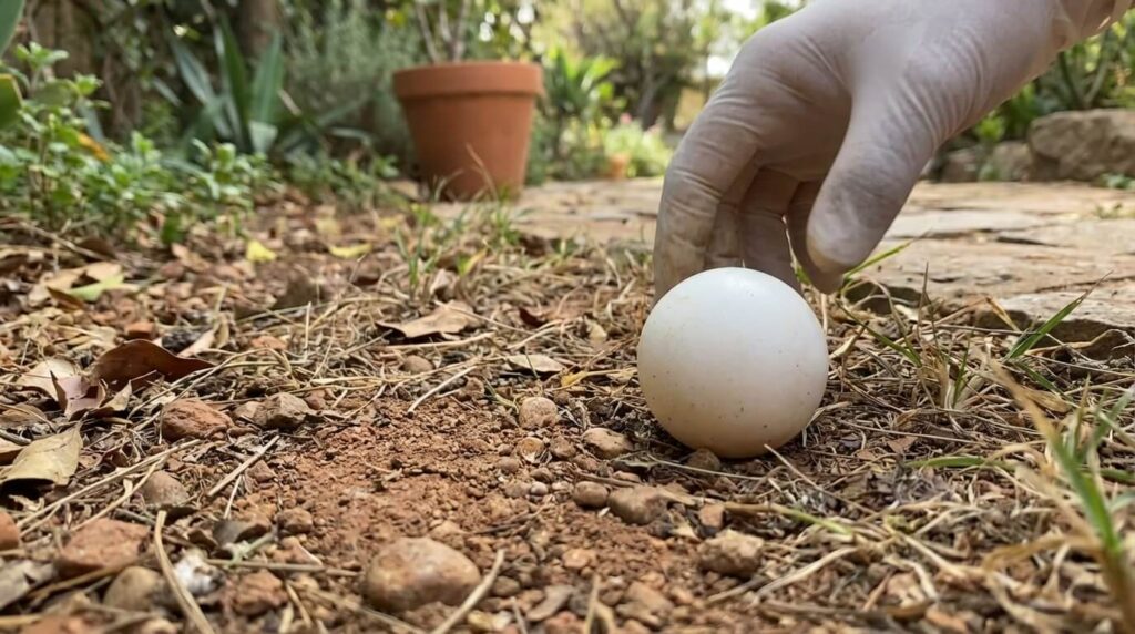 Découverte d'un œuf de tortue d'Hermann blanc et rond posé à même le sol dans un jardin, signe d'une ponte perturbée ou d'un abandon maternel