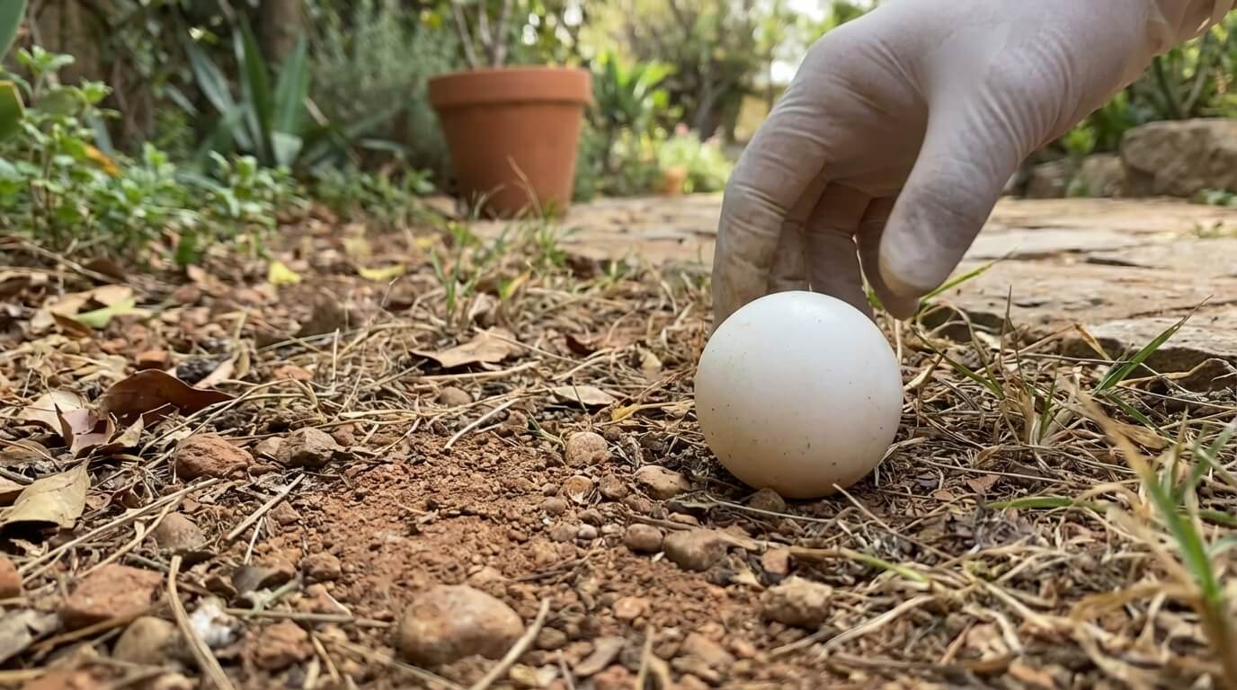 Découverte d'un œuf de tortue d'Hermann blanc et rond posé à même le sol dans un jardin, signe d'une ponte perturbée ou d'un abandon maternel