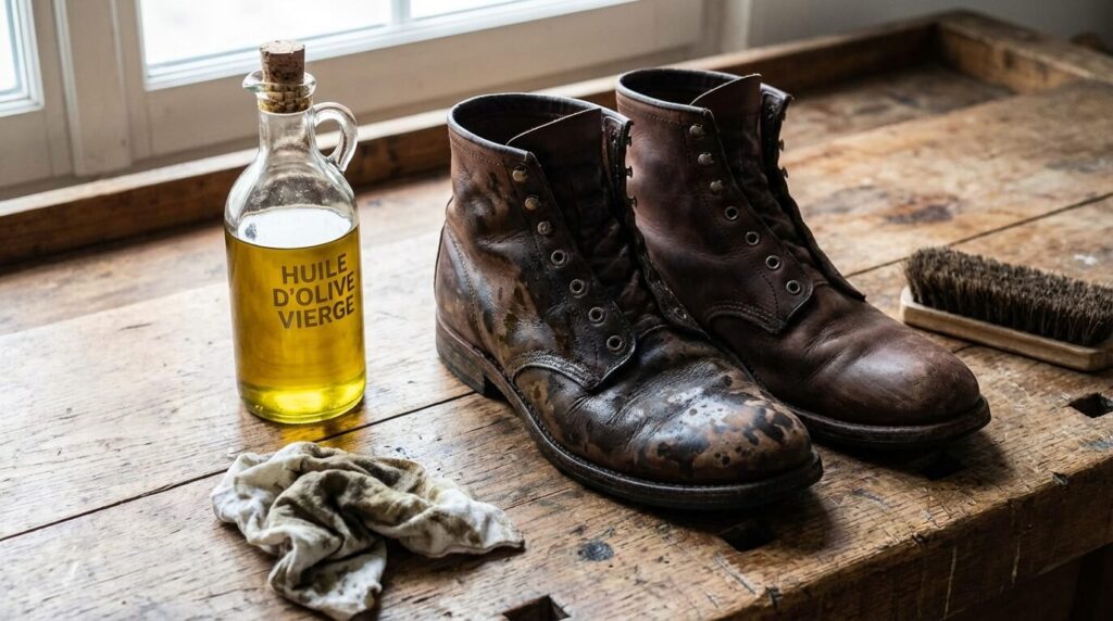 Bouteille d'huile d'olive à côté d'une paire de chaussures en cuir tachées et foncées par l'application du corps gras, illustrant les risques de cette méthode