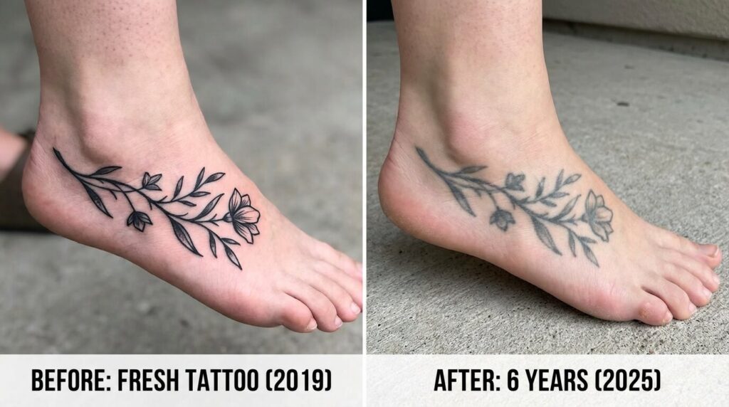 Tatouage sur le pied et vieillissement : Pourquoi s'efface-t-il et comment le préserver ? 2 Comparaison photographique avant/après d'un tatouage sur le pied, montrant les lignes devenues floues et l'encre effacée sur les zones de frottement après quelques années