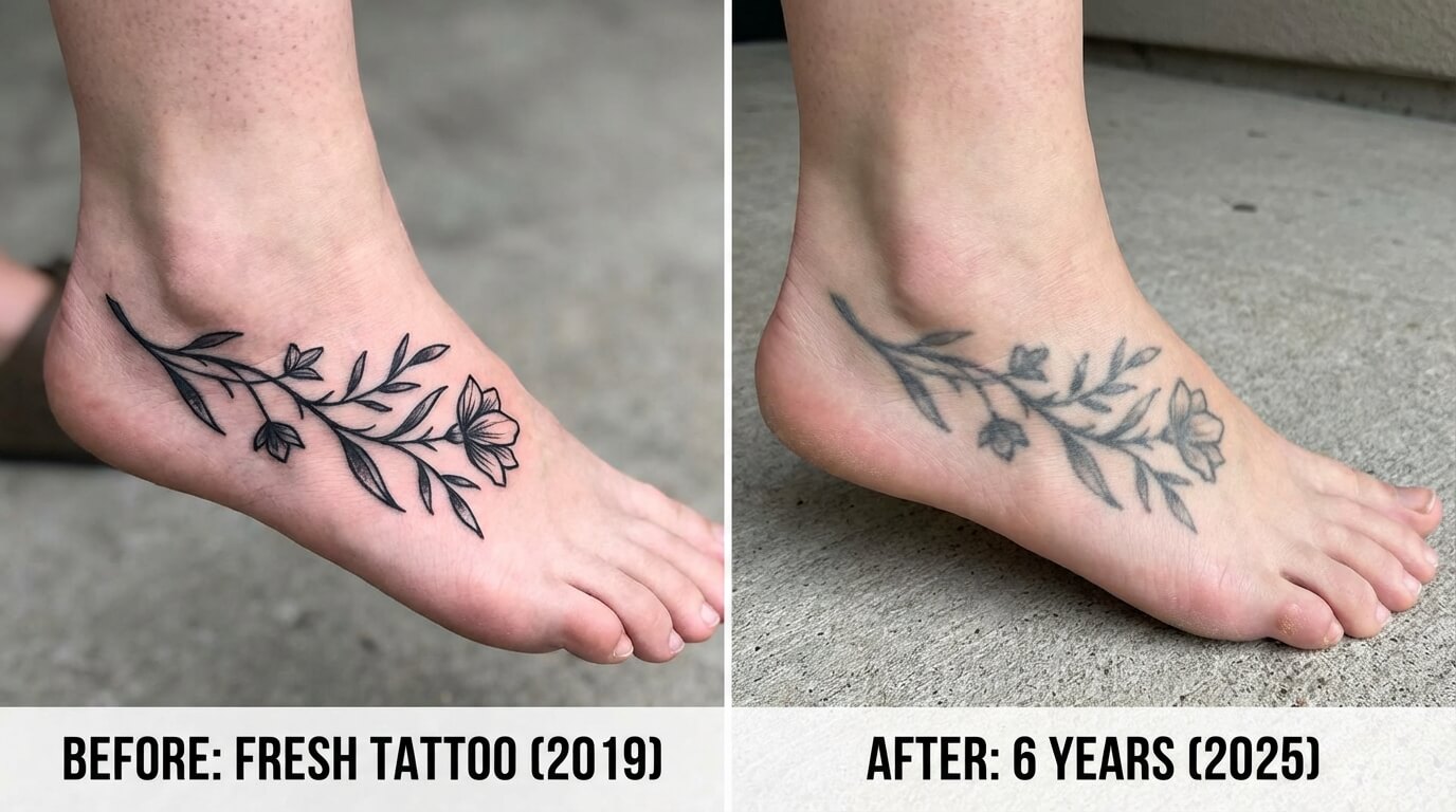 Comparaison photographique avant/après d'un tatouage sur le pied, montrant les lignes devenues floues et l'encre effacée sur les zones de frottement après quelques années