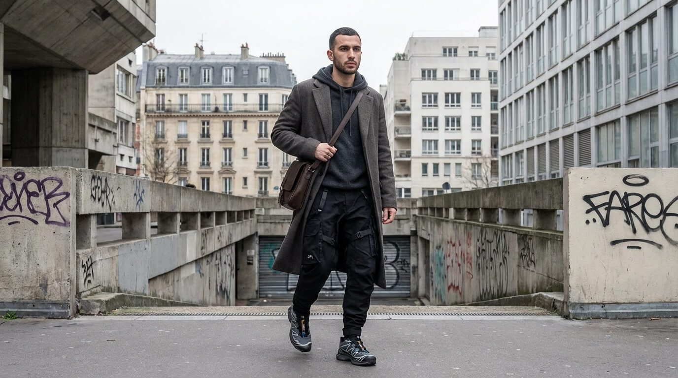 Homme portant une tenue streetwear raffinée avec un hoodie premium et un pantalon cargo moderne dans un décor urbain.