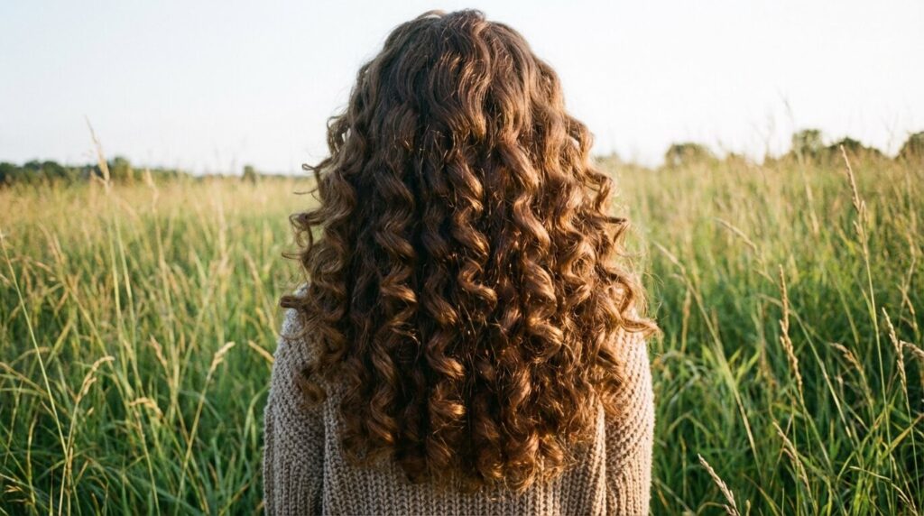 Permanente sur cheveux épais : Techniques, Risques et Entretien pour des boucles durables 2 Femme aux cheveux épais et longs de dos, affichant une permanente aux boucles larges et bien définies, illustrant le résultat optimal