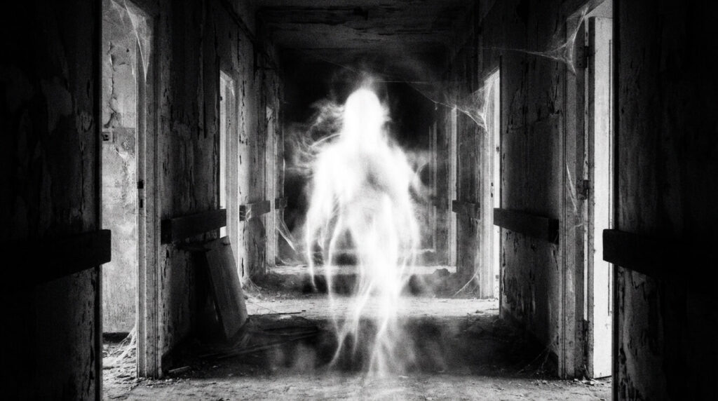 Représentation artistique d'une silhouette blanche vaporeuse apparaissant dans un couloir sombre, illustrant le phénomène de l'apparition lumineuse
