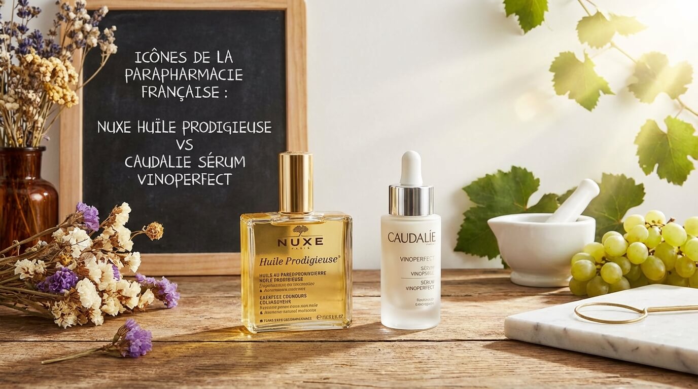 Mise en scène confrontant les best-sellers des deux marques : l'Huile Prodigieuse de Nuxe et le Sérum Vinoperfect de Caudalie, icônes de la parapharmacie française