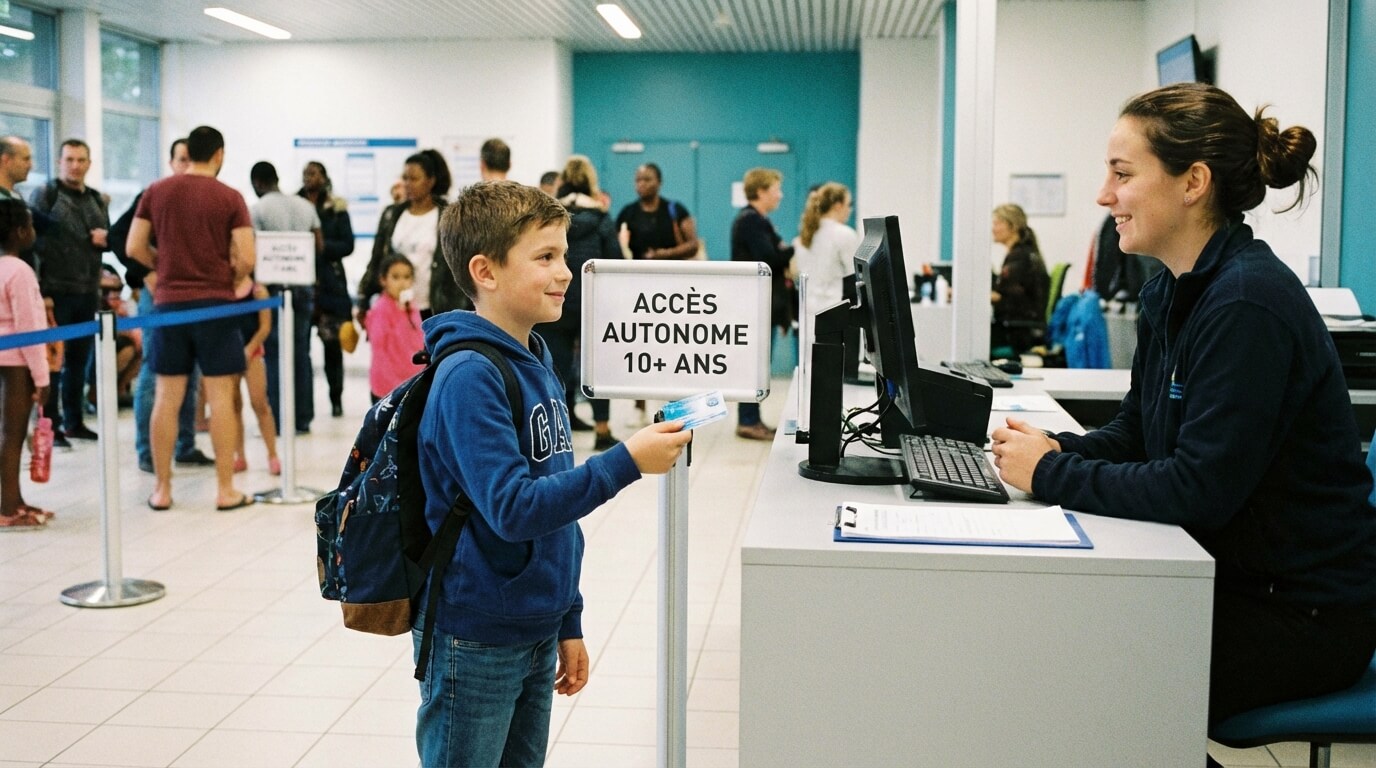 Enfant d'une dizaine d'années présentant sa carte au guichet d'une piscine municipale, illustrant la question de l'autonomie et de l'accès sans parents