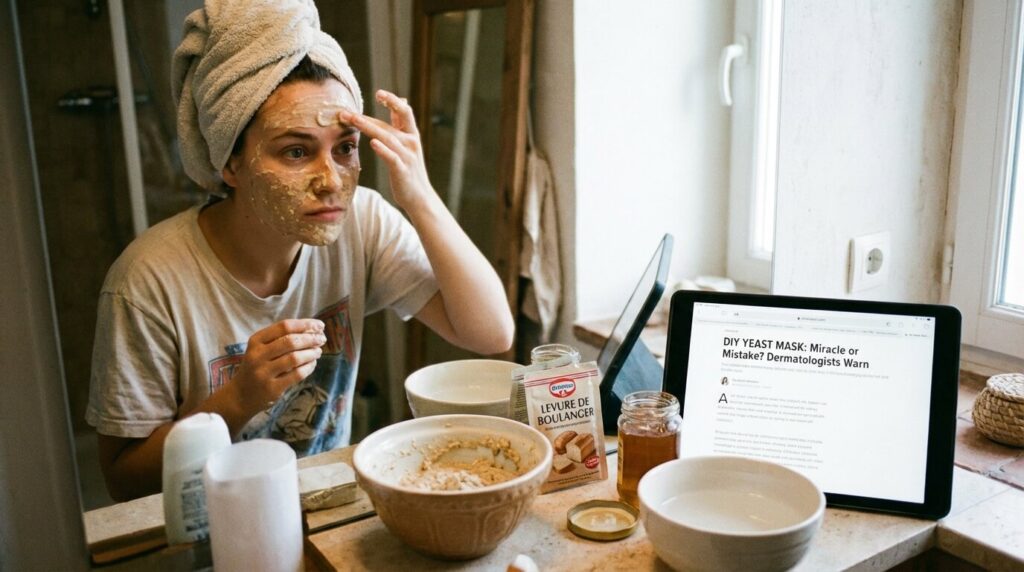 Femme appliquant un masque maison à base de levure de boulanger sur son visage, une tendance DIY populaire mais controversée